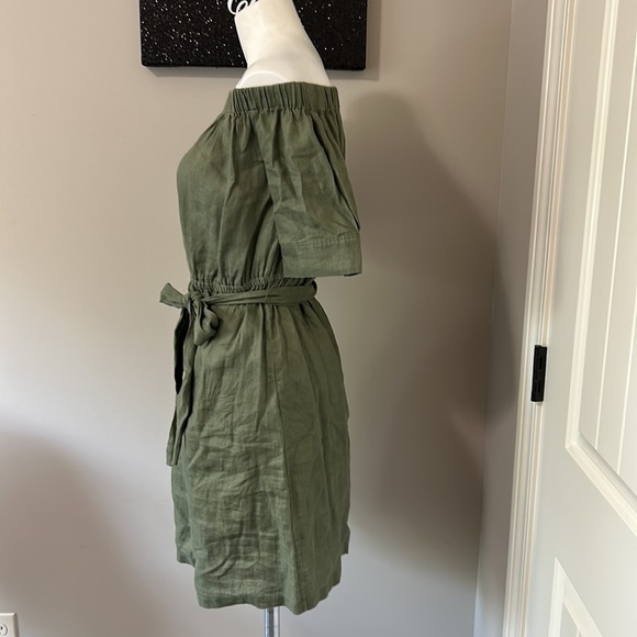 FRAME DENIM Linen Off the Shoulder Dress Olive Green Tie Waist Sz XS - Picture 5 of 12
